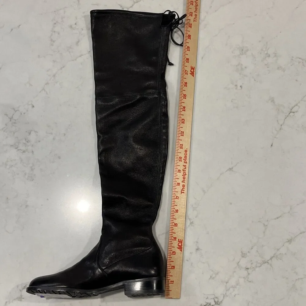 Stuart Weitzman Over Knee‎ Boots Black Leather Womens Sz 4 Low Stacked Heel
